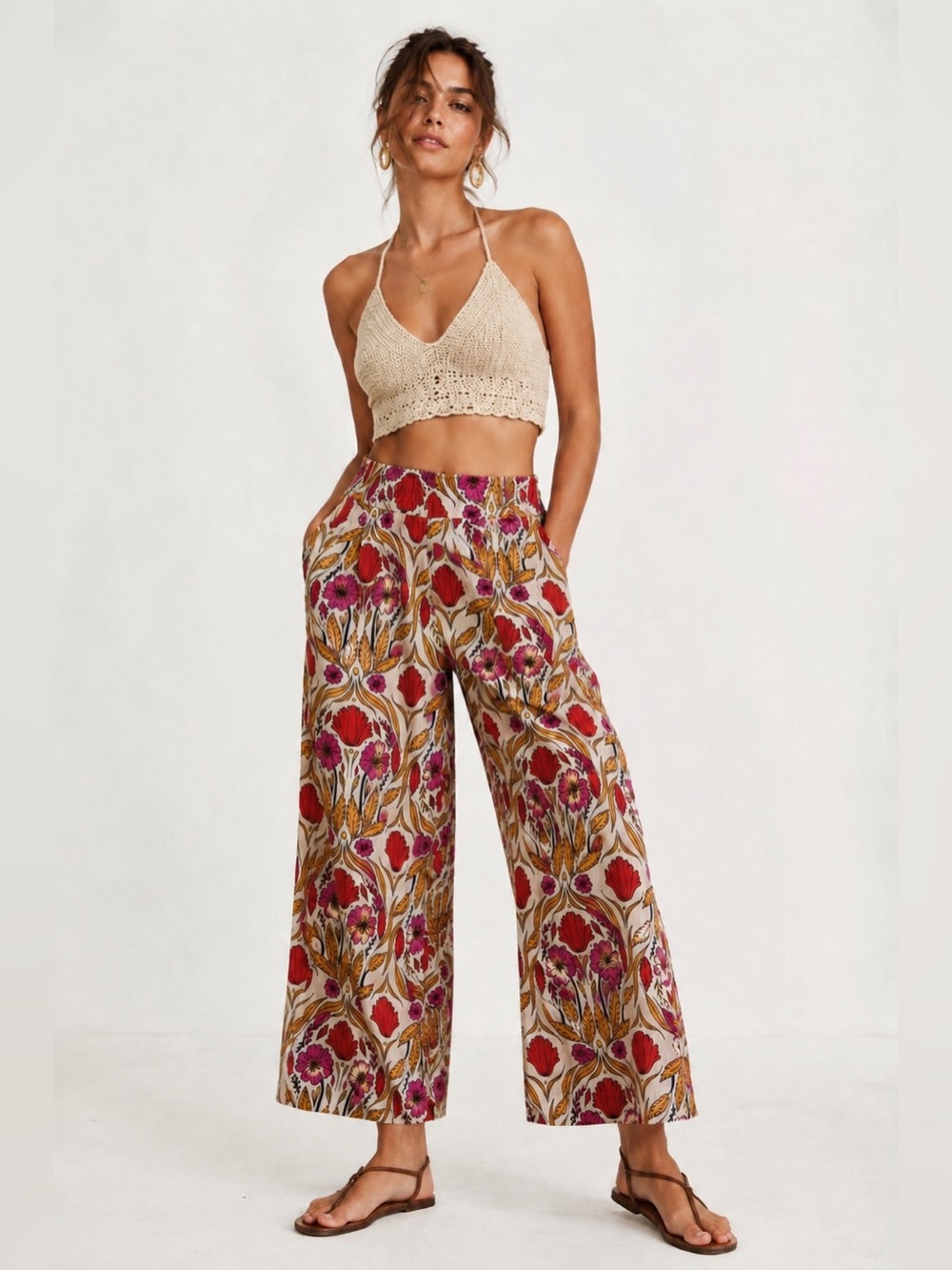 Rachel Zoe 100% Linen Retro Floral Wide Leg Boho Cream Cropped Pants - Size S